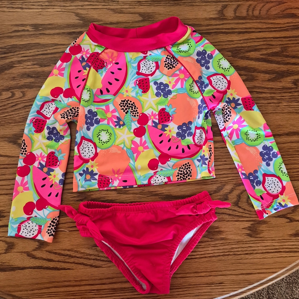Penelope Mack Girls Neon Pink Multi Fruit-Print Long Sleeve Rashguard Set